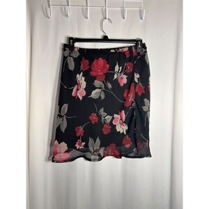 Fashion Bug Floral Print Black Midi Skirt Women's Size Large Side Slit